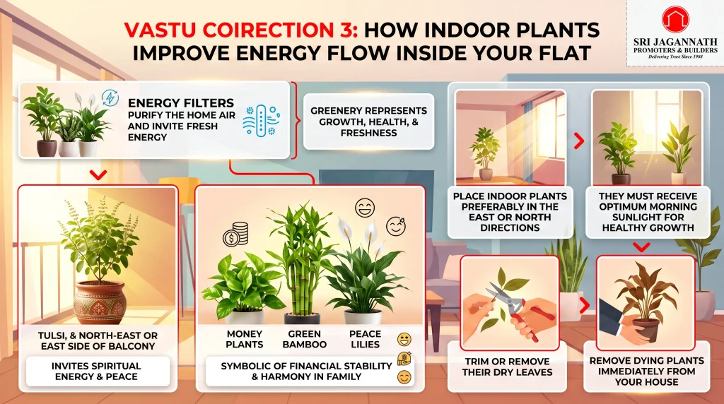 How can indoor plants improve energy flow inside your flat?