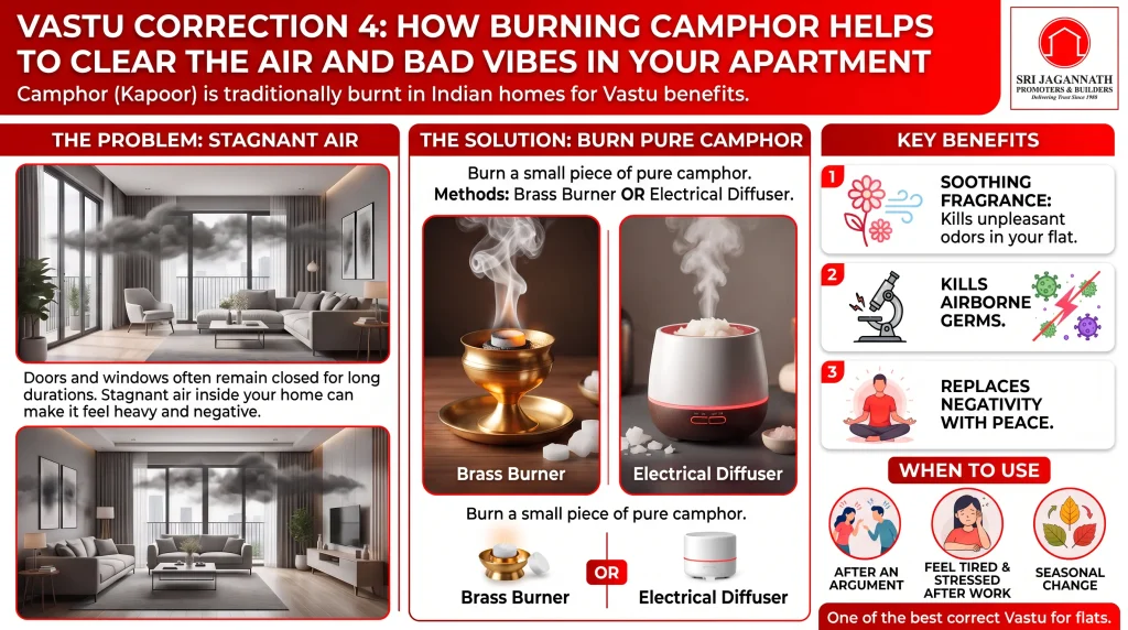 How can burning camphor help to clear the air and bad vibes in your apartment?